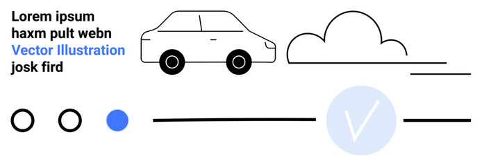 Simple car driving alongside a cloud, accompanied by placeholder text and interface icons including circles and a checkmark. Ideal for websites, user interfaces, minimal designs, digital content