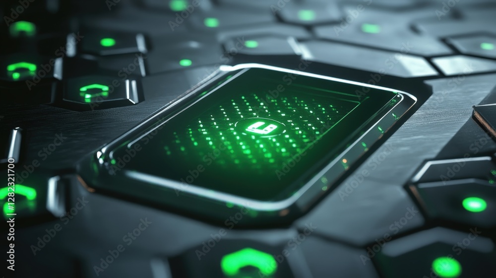 Poster futuristic keyboard with glowing green light showing a padlock icon on a touchpad, suggesting a veri