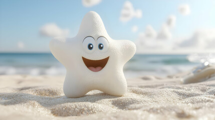 Obraz premium Happy star on sandy beach, ocean background, summer fun