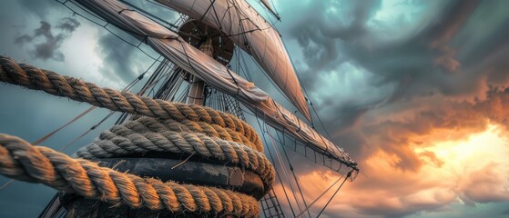 Obraz premium Weathered rope coiled tight around a ship?s mast, billowing sails against a dramatic stormy sunset sky.