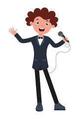 Young performer excited to sing with microphone on stage