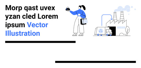 Female worker holding a box, eco transport van near a factory, sustainable energy. Ideal for logistics, sustainability, eco-friendly concepts, energy management, production, delivery flat landing