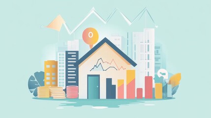 Fototapeta premium Real estate investment infographic flat design side view property market theme animation colored pastel.