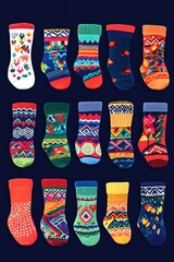 Colorful winter socks hanging on dark blue background