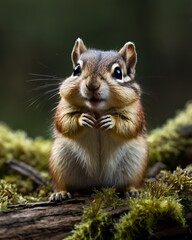 Obraz premium A curious chipmunk stands on its hind legs atop a mossy log, its tiny hands held close to its chest. Its twitching nose and wide eyes give it a look of pure curiosity and excitement.