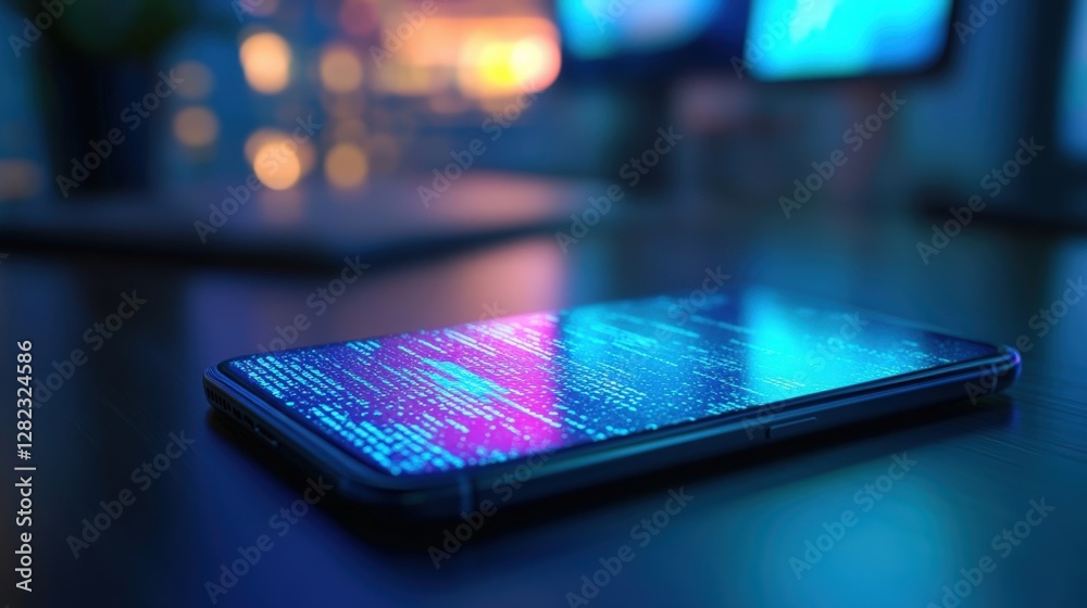 Poster program code running on a smartphone screen on a desk in a dark room at night, with computer monitor