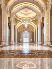 Obraz premium Ornate corridor with gold accents and chandelier, grand architecture and detailed patterns on walls and ceiling reflected in the polished floor