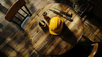 Worksite essentials on Round Table: An overhead shot captures a weathered round table, laden with tools and a protective hardhat. It's a scene of industrial practicality.