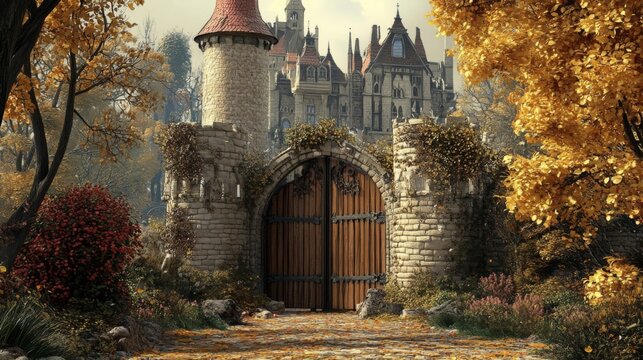 Grand Autumn Castle Entrance with Stone Walls and Golden Foliage Under Bright Daylight