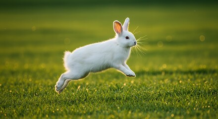 A fluffy white rabbit leaps joyfully across a vibrant green meadow, its ears flopping mid-air. The golden sunlight highlights the softness of its fur, creating a peaceful and heartwarming scene.