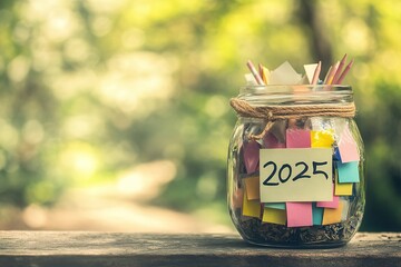 A jar labeled '2025 Goals' filled with folded notes, surrounded by space for inspirational text