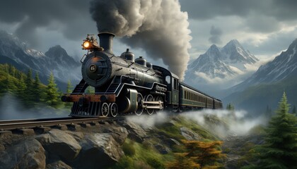 Fototapeta premium A classic steam locomotive chugging through a mountainous area