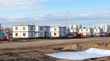 Fototapeta premium Modular Housing Construction Site: Modern Prefabricated Homes Under Development