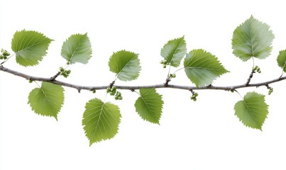Fototapeta premium A close-up view of a green leafy branch showcasing fresh leaves and buds against a white background