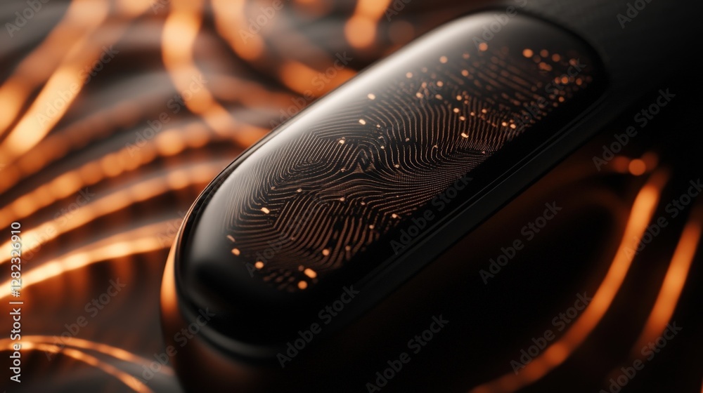 Poster fingerprint sensor scanning on device displaying glowing trails of data flow, illustrating concepts 