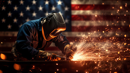 Welder and the Flag: A skilled welder in a protective helmet and gloves meticulously works on a metal object against a backdrop of the American flag.