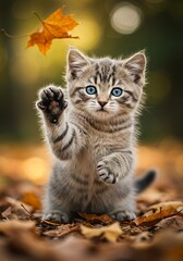 Obraz premium A tiny, fluffy kitten reaches out playfully for a falling leaf, its blue eyes sparkling as sunlight filters through the trees.