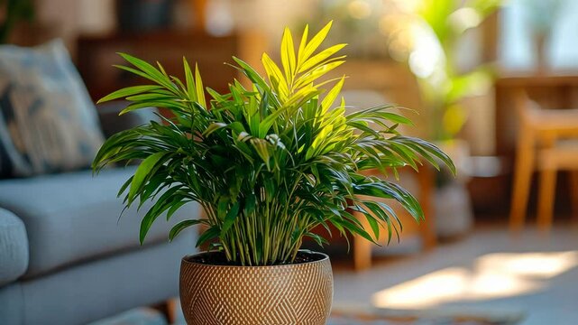 A vibrant green parlor palm in a stylish pot sits on a wooden table in a sunlit living room.