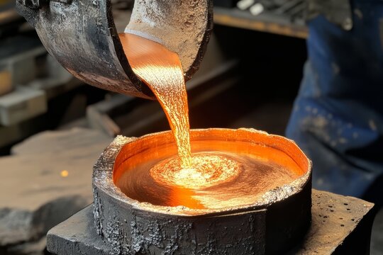Liquid copper pouring into mold in foundry creating centrifugal force