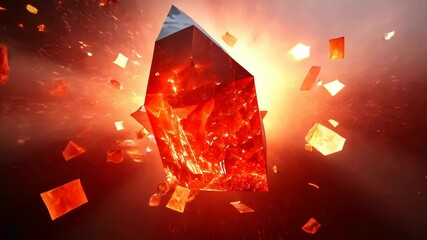Glowing red crystal shards explode in a fiery burst of light. - Powered by Adobe