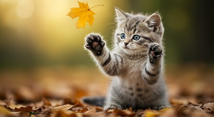 Obraz premium A tiny, fluffy kitten reaches out playfully for a falling leaf, its blue eyes sparkling as sunlight filters through the trees.