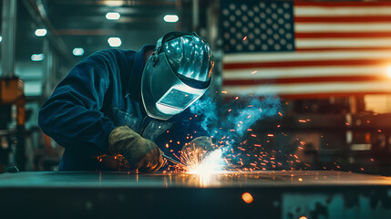 Welder at Work: A skilled welder in a protective mask meticulously works with sparks flying in a factory setting.