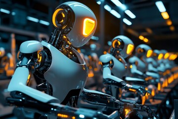 Robots working on an assembly line in a factory