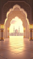Ornate interior featuring white marble columns arched doorways and a distant view of the building illuminated by the golden light of sunset