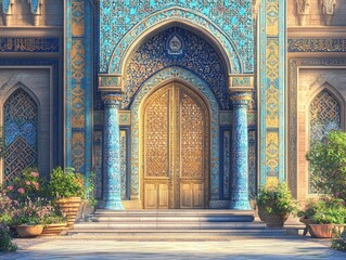 Obraz premium Elegant facade with mosaic tile archway gold doors potted plants creating serene atmosphere. Architectural details and vibrant colors create majestic feeling