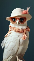 Stylish owl wearing sunglasses and hat posing for photo shoot