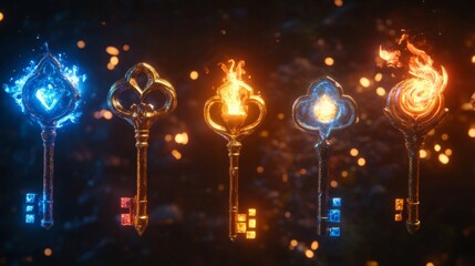 Collection of Five Glowing Keys in Blue and Orange Tones with Magical Spark Effects