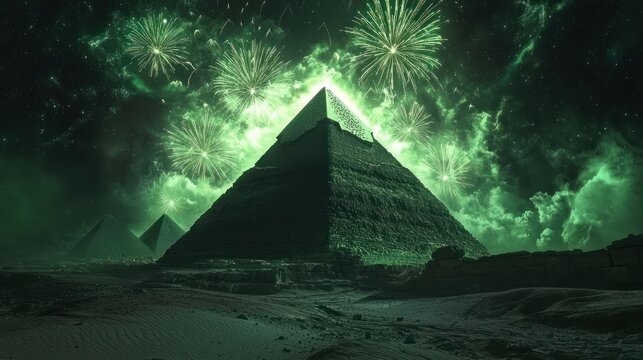 Green fireworks explode over ancient pyramids at night.
