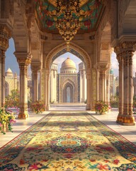 Obraz premium Luxurious interior with arched walkways and detailed carpet leading to a grand dome building under bright sunlight. Floral and decorative elements enhance the architectural beauty