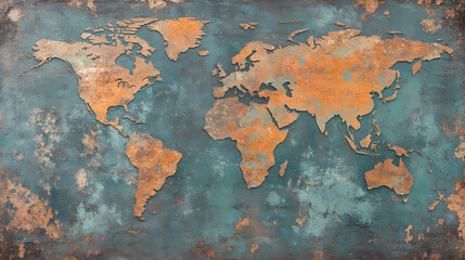 Global Tapestry: An antique-style map of the world, rendered in a striking interplay of teal and copper hues, suggesting exploration and a touch of wanderlust.