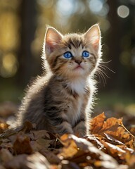 Fototapeta premium A tiny, fluffy kitten reaches out playfully for a falling leaf, its blue eyes sparkling as sunlight filters through the trees.
