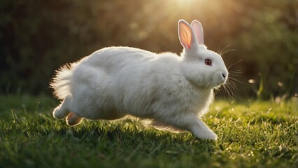 A fluffy white rabbit leaps joyfully across a vibrant green meadow, its ears flopping mid-air. The golden sunlight highlights the softness of its fur, creating a peaceful and heartwarming scene.