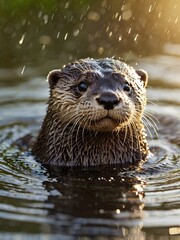 Fototapeta premium A cute otter pops up, shaking off water as its fur glistens in the sunlight, eyes full of curiosity.