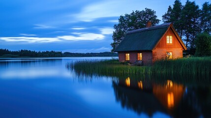 Obraz premium Lakeside cottage at twilight, lights on, reflecting in calm water.