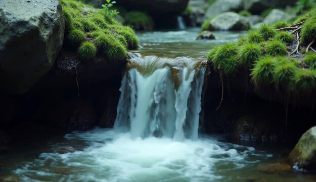 A close-up of a small waterfall cascading over moss-covered rocks, with silky water flowing in soft natural light, highlighting glistening droplets and the vibrant texture of the wet moss.
