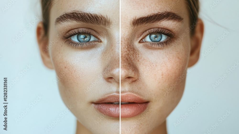 Poster split screen showcasing the contrast of aging on one side and youthful skin on the other side of a w