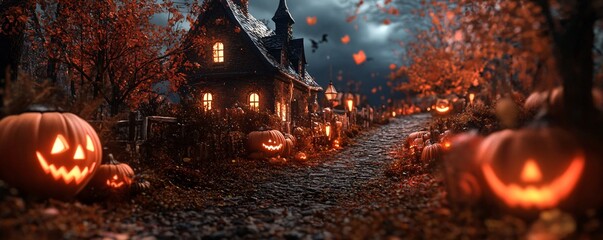 Halloween pumpkins illuminating path to spooky haunted house
