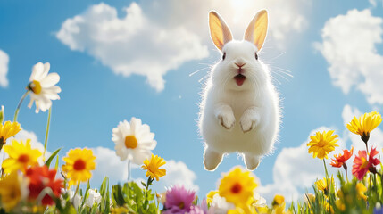 Lively rabbit jumping joyously in blooming garden under sunny sky