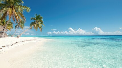 Naklejka premium Tropical beach paradise, calm azure water, white sand, palm trees, idyllic scene, perfect vacation destination