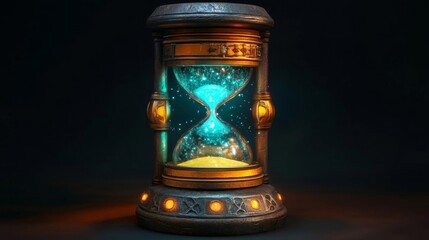 Glowing Hourglass with Intricate Metal Frame with Flowing Particles in Dark Background