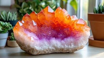 Amethyst geode glows orange-purple near window, potted plants blur in soft light