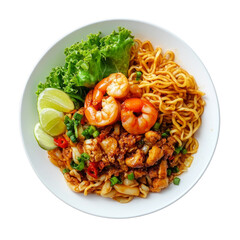 Indonesian food, mie aceh on one plate, white background