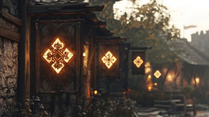 Medieval Town Stone Building Exterior with Ornate Glowing Banners Warm Light