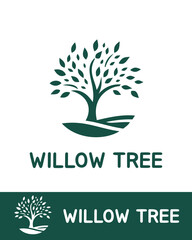 A minimalistic and elegant vector illustration of a stylized willow tree logo with leaves and branches © Yayagisawa