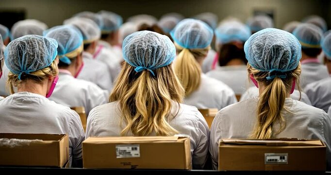 Rear view of women in white coats and hairnets seated, boxes in front.