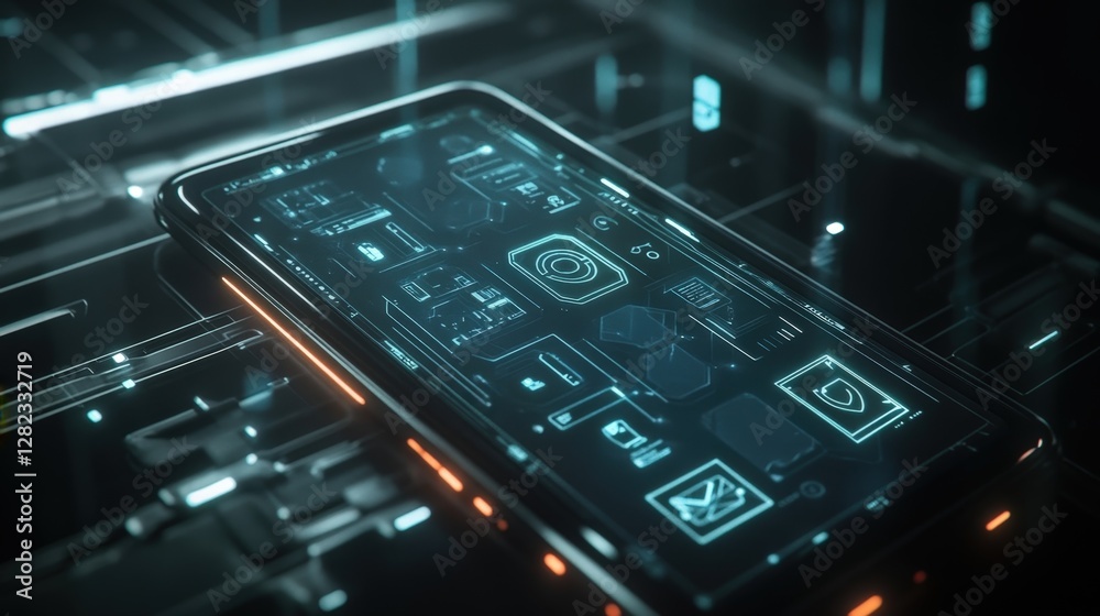Poster futuristic smartphone displaying holographic security icons on a complex circuit board, symbolizing 